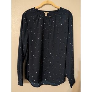 Bass Women's Navy Star Print Long Sleeve Button‎ Front Blouse Shirt Size M